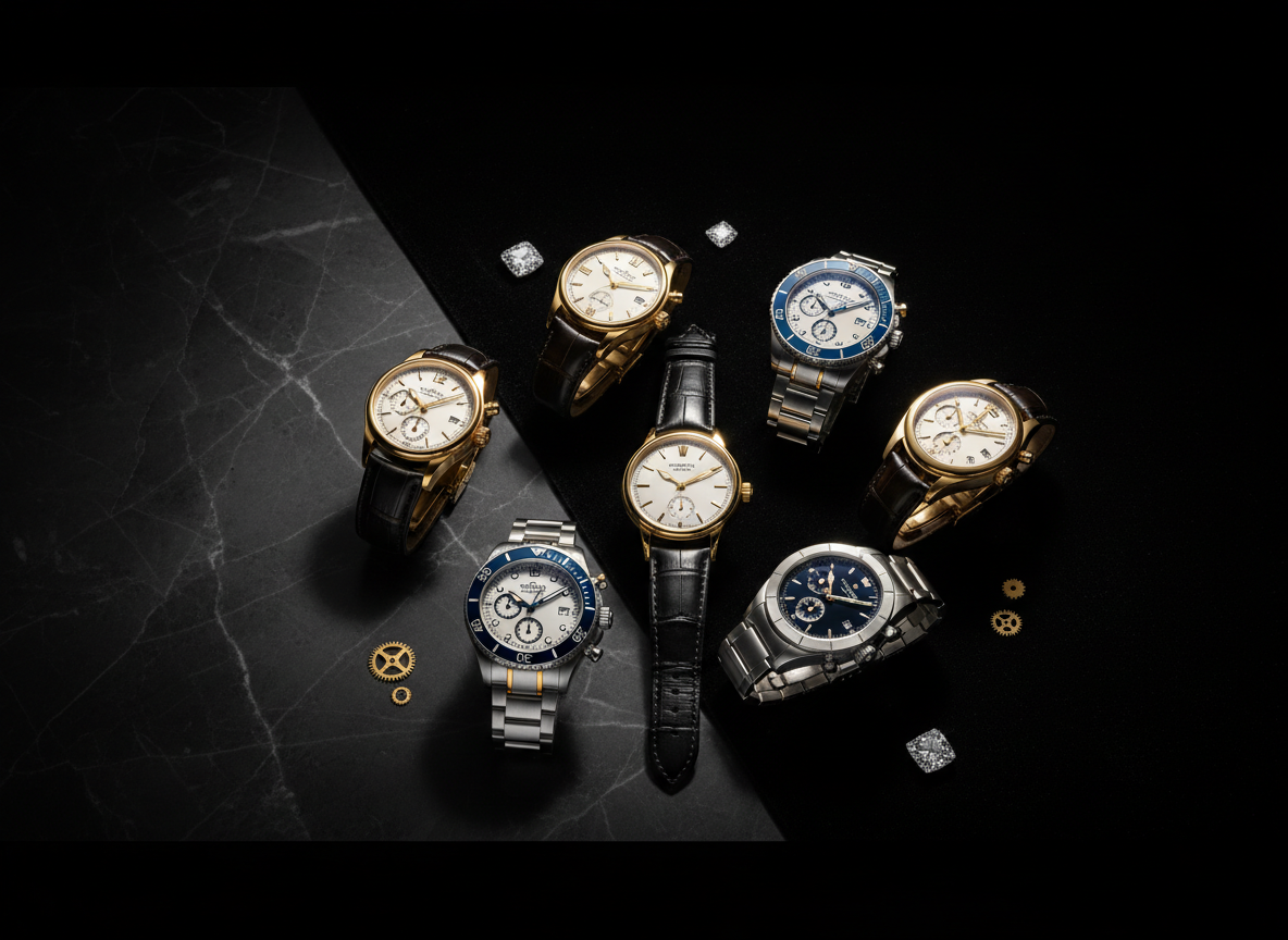 A stunning, cinematic banner image showcasing luxury watches. An elegant flat lay arrangement of multiple prestigious luxury watches — including classic dress watches and sports chronographs — on a dark textured surface with rich materials like marble and velvet. Dramatic moody lighting with golden highlights reflecting off polished metal cases and sapphire crystals. Premium, editorial photography style. Ultra-wide banner format, deep blacks, gold accents.