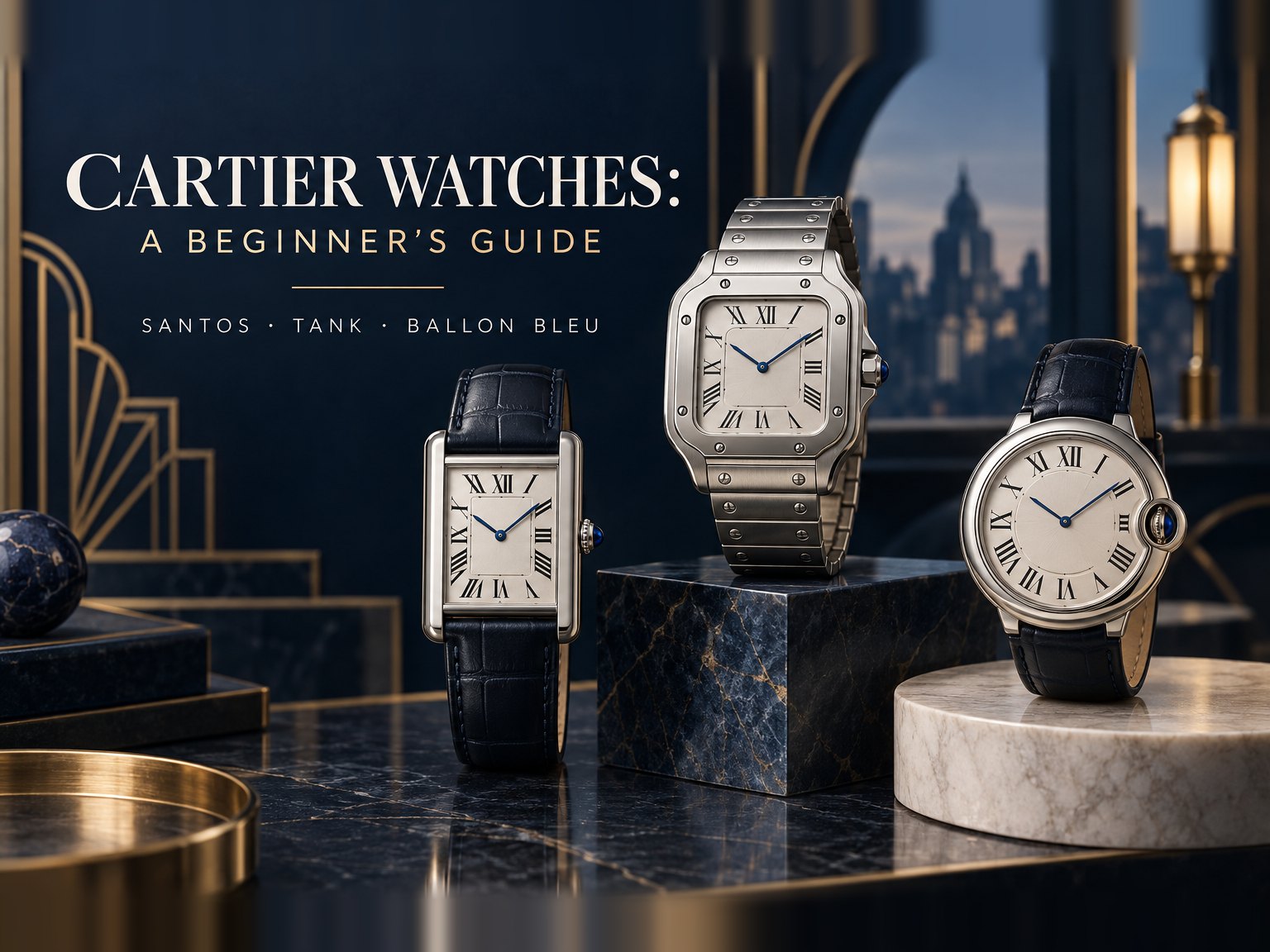 Three Cartier-style watches on dark blue marble in an Art Deco setting: a rectangular watch on a navy leather strap, a square watch with exposed bezel screws on a steel bracelet, and a round watch with the crown set into a protective case curve, all with Roman numerals and blued hands, under the title Cartier Watches: A Beginner's Guide