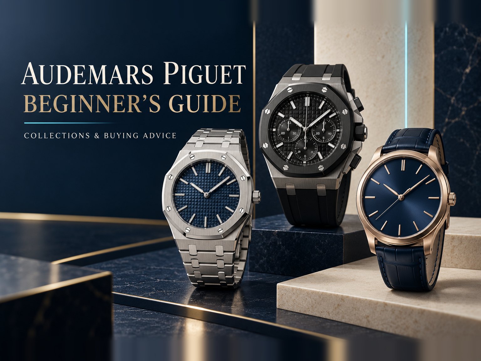 Three luxury watches on a dark blue marble display: a steel integrated-bracelet sports watch with a blue tapisserie dial, a black-bezel chronograph on a rubber strap, and a rose gold dress watch on a blue leather strap, under the title Audemars Piguet Beginner's Guide
