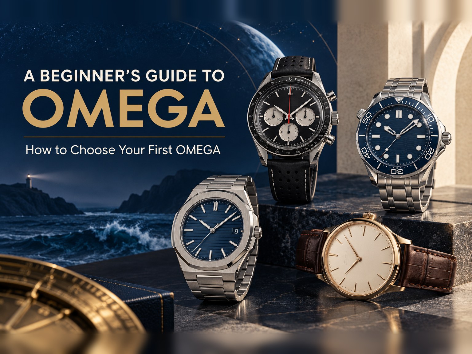 Four luxury watches - a black-dial chronograph, a blue dive watch, an integrated-bracelet sports watch and a gold dress watch - arranged on dark marble beneath a starfield and earth, under the title A Beginner's Guide to OMEGA