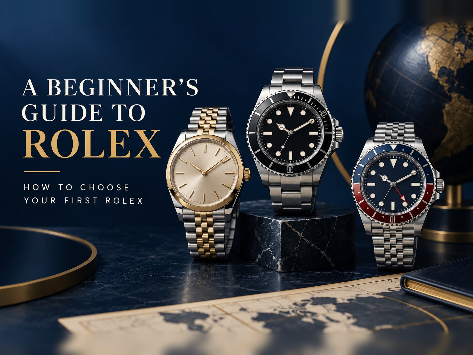 Three steel and two-tone luxury watches - a time-only model, a black-bezel diver and a red-and-blue GMT - arranged on dark marble beside a globe, under the title A Beginner's Guide to Rolex