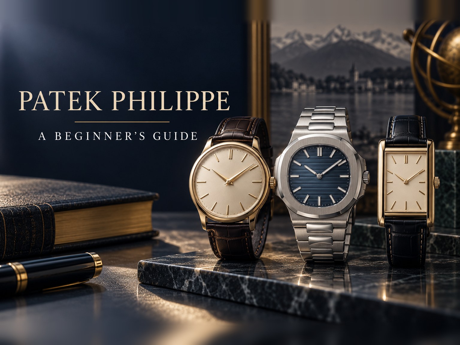 Patek Philippe beginner's guide: a gold round dress watch, a steel integrated-bracelet sports watch and a rectangular gold watch on dark marble beside a leather book and fountain pen