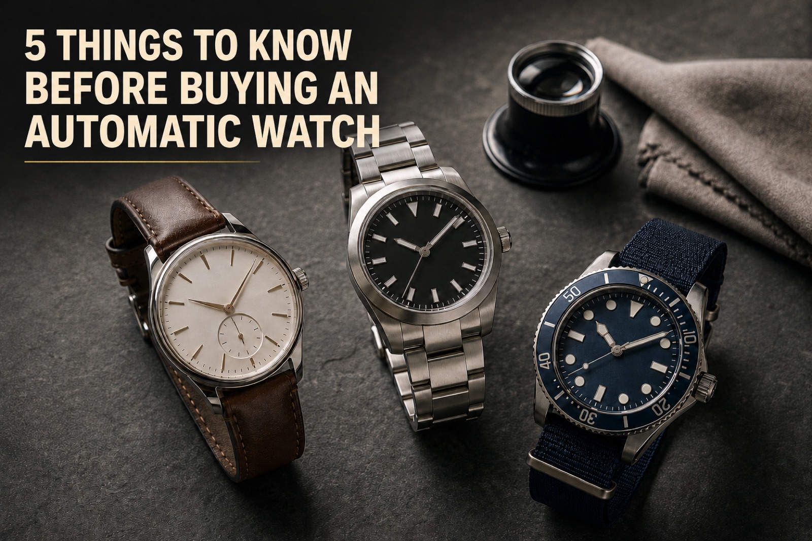 Five things to know before buying an automatic watch, three watches on brown leather, steel bracelet, and blue nato strap