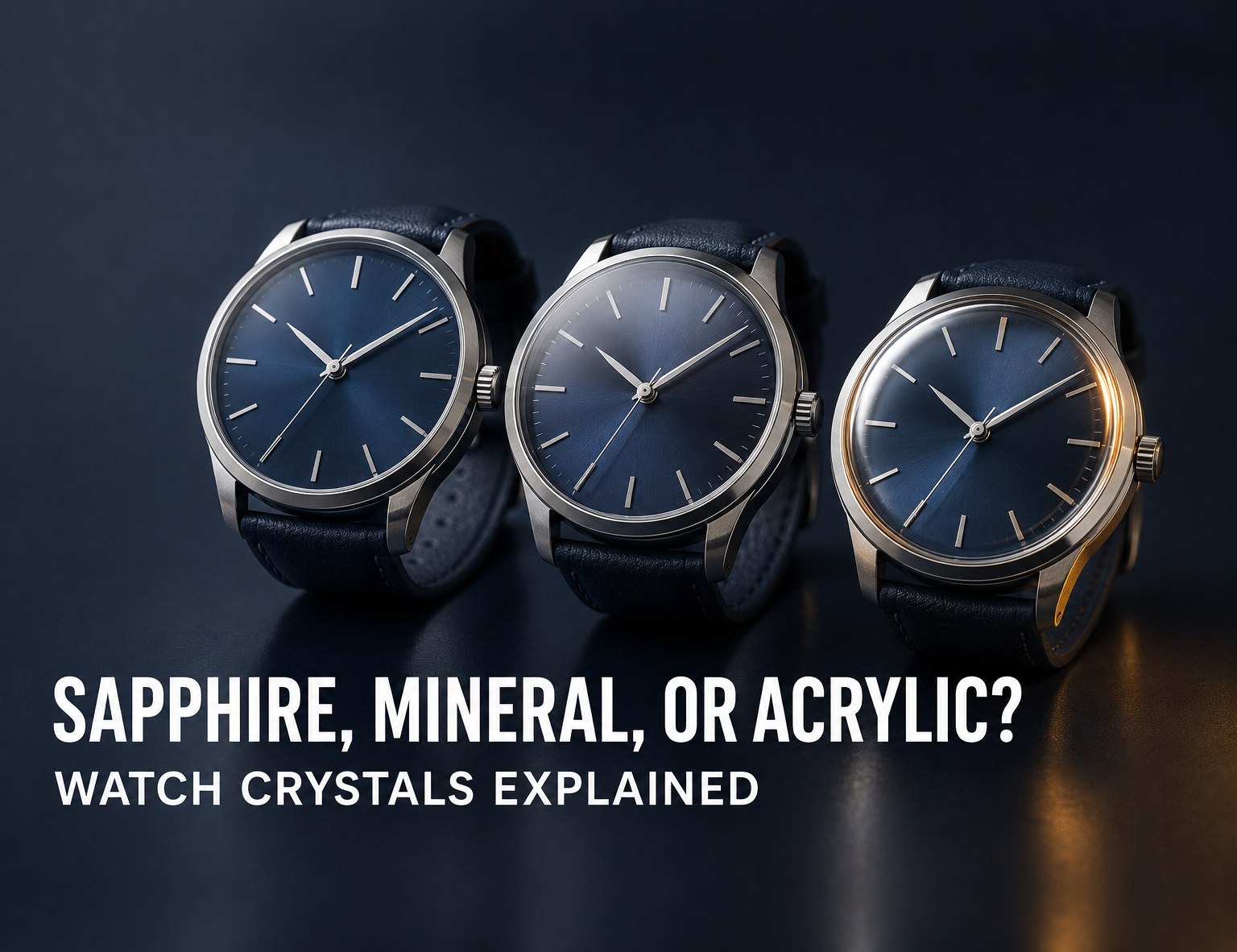 Three watches with sapphire, mineral, and acrylic crystals compared side by side